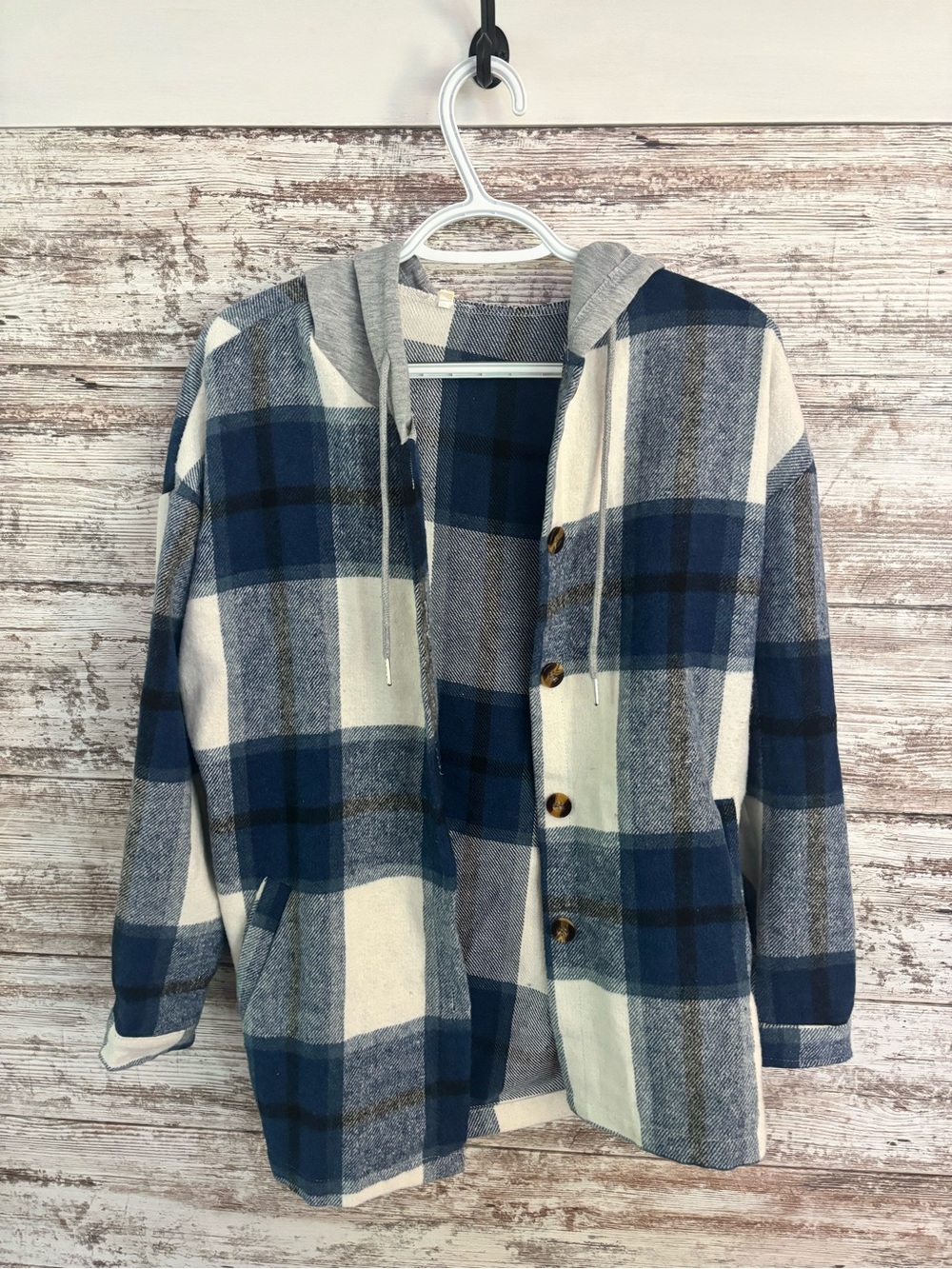 Blue and Cream Plaid Hooded Shacket